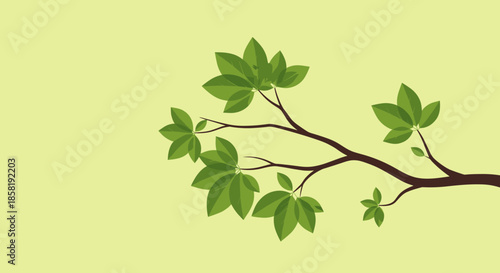 Simple tree branch with multiple clusters of vibrant green leaves, extending across a soft yellow background for a natural feel.