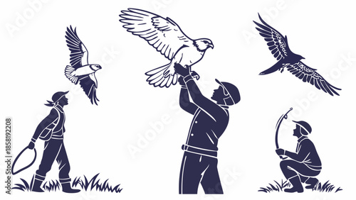 Falconry Handlers Releasing and Training Hawks Vintage Engraving Style Illustration Set Outdoor Sport Wildlife Design Asset