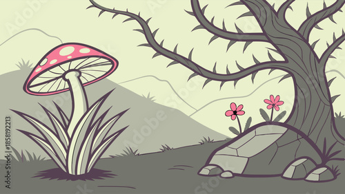 Stylized Psychedelic Mushroom and Thorny Tree Illustration in Muted Fantasy Landscape for Gaming Design and Whimsical Fairy Tale Backgrounds