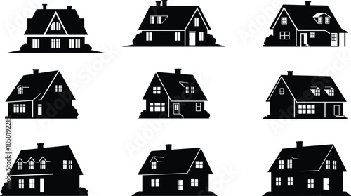 House icons, residential silhouette grid, black outline homes, porch symbol, dormer branding, chimney concept, roof badge, architectural diversity