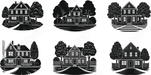 House icons, architectural silhouette set, black outline homes, tree symbol, driveway branding, porch concept, chimney badge, landscape variety