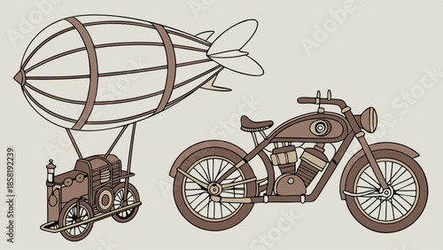 Steampunk Airship and Vintage Motorcycle Illustration Retro Mechanical Transportation Design Element Drawing