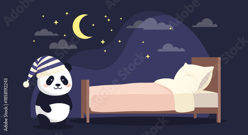 Adorable panda wearing a striped nightcap standing next to a cozy bed under a starry night sky with a crescent moon.