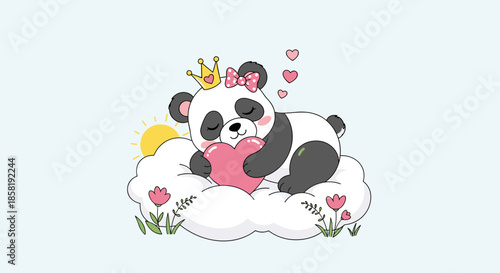 Adorable panda princess wearing a crown and a bow sleeping peacefully on a fluffy cloud while hugging a pink heart.