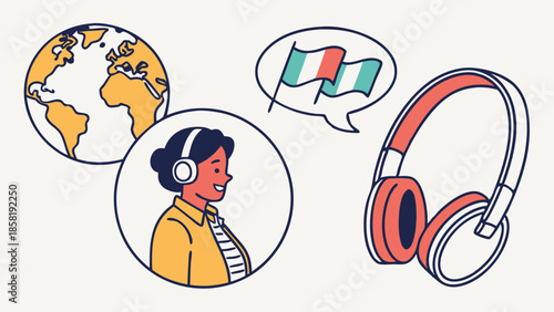 Woman with Headphones Learning Foreign Languages Online Global Communication E-learning Platform Irish Italian Flags Illustration