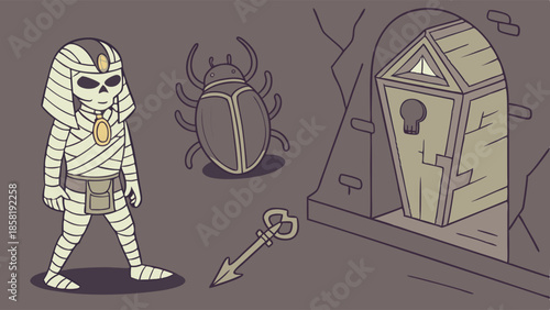 Cartoon Mummy Pharaoh Key Scarab Beetle And Locked Sarcophagus Door Vector Illustration For Gaming And Adventure Design