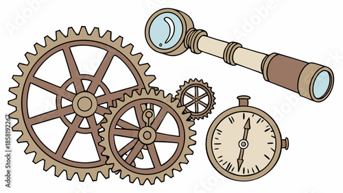 Steampunk Gears, Antique Watch, and Vintage Telescope Illustration Depicting Mechanical Precision, Time, and Exploration Design.
