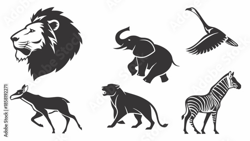 Bold Wildlife Animal Icons Set Lion Elephant Zebra Panther Silhouettes Vector Graphics for Logo Design and Nature Branding