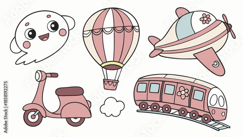 Whimsical Pastel Transportation Kit Cute Cartoon Airplane Hot Air Balloon Train Scooter and Friendly Ghost for Kids Design