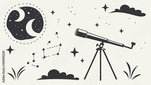 Telescope Observing Starry Night Sky Constellation Moon Discovery Exploration Science Education Vector Illustration
