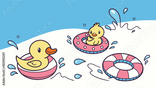 Two Cute Rubber Ducks Swimming in Water with Pink Float Rings Happy Summer Vacation and Childhood Playtime Illustration