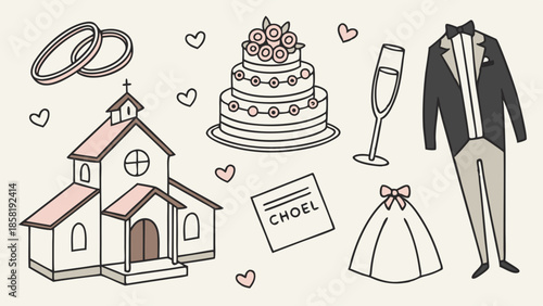Romantic Wedding Planning Doodle Icons Set Church Cake Rings Tuxedo Dress Elements for Invitation Design and Event Marketing Simple Line Art Collection.