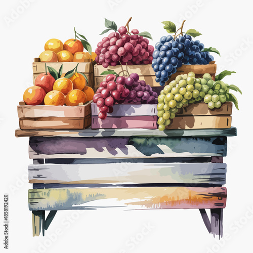 An assortment of vibrant fruits displayed in wooden crates, showcasing nature's bounty, from oranges and grapes to green and purple varieties in an appealing arrangement.