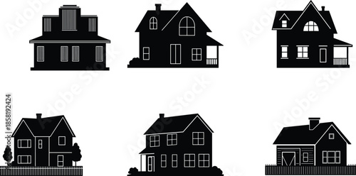 House icons, residential silhouette set, black outline homes, porch symbol, chimney branding, fence concept, tree badge, architectural diversity