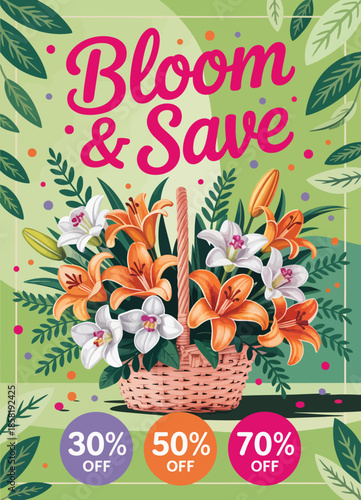 A vibrant advertisement filled with fresh flowers in a basket, showcasing offers of 30%, 50%, and 70% off, creating an enticing visual for shoppers looking for deals.