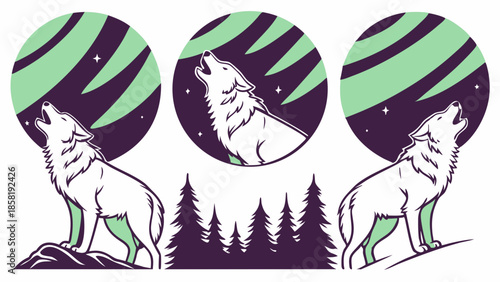 Howling Wolves Vector Graphic Design Northern Lights Aurora Night Sky Forest Illustration Wilderness Spirit Apparel Merchandise Branding