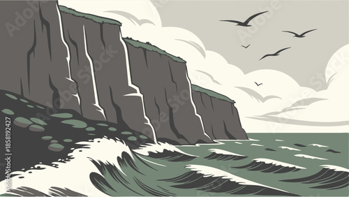 Flat Design Vector Illustration of Dramatic Coastal Cliffs Rough Ocean Waves and Stormy Sky Nature Landscape with Flying Seabirds