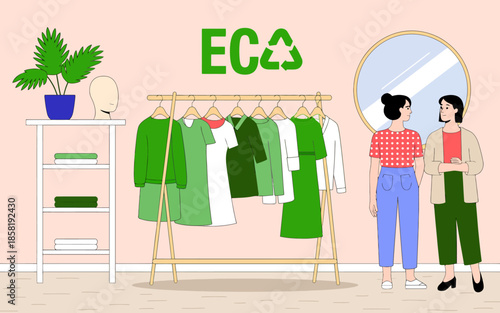 Two women happily discussing eco-friendly clothing at a boutique, surrounded by green garments and a recycle symbol, promoting sustainability and conscious fashion choices.