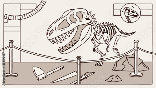 Monochrome Illustration of Dinosaur T Rex Skeleton Fossil Display in Paleontology Museum Exhibit with Archaeology Tools