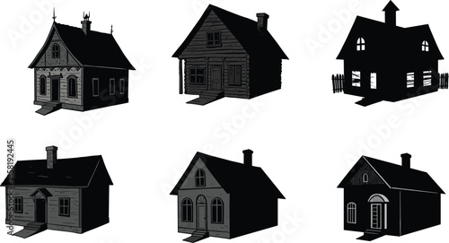 House icons, residential silhouette set, black outline homes, gable symbol, arched window branding, spire concept, chimney badge, style mix