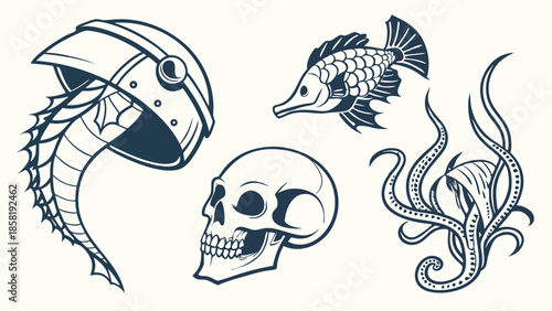 Deep Sea Nautical Tattoo Set Skull Kraken Octopus Steampunk Jellyfish and Fish Vintage Monochrome Engraving Design Elements
