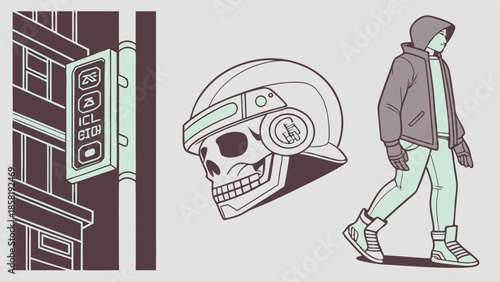 Futuristic Cyberpunk Urban Art Set with Skull in Tech Helmet, Hooded Streetwear Figure, and Neon Sign Vector Graphic Design Elements