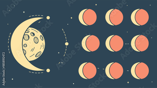 Retro Illustration of Moon Phases Diagram Lunar Cycle Celestial Astronomy Infographic for Science Education and Cosmic Design