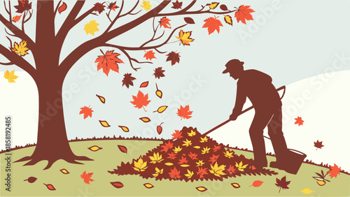 Fall Yard Work Man Raking Maple Leaves Seasonal Cleanup Home Maintenance Advertising Background