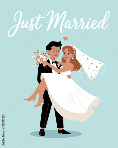 This delightful illustration captures a newlywed couple joyfully celebrating their wedding, symbolizing love, commitment, and the beginning of a beautiful journey together.