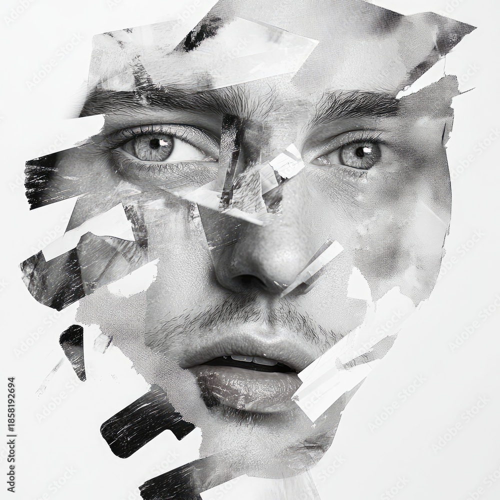 Obraz premium Fractured emotions a monochrome exploration of identity in digital abstract portraits