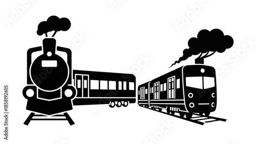 Black and white steam locomotives moving.