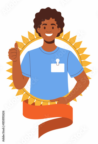 A young man with curly hair gives a thumbs up, surrounded by a sunray design, symbolizing positivity and encouragement. Ideal for themes of optimism and support.