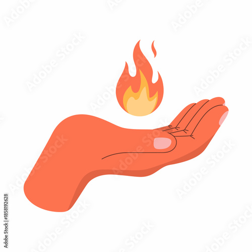 This illustration features a stylized hand gently cradling a vibrant flame, representing warmth, energy, and the human connection to fire and passion.
