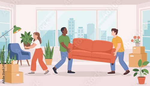 Three diverse friends are collaborating to move a sofa while decorating a bright apartment, showcasing teamwork, friendship and the spirit of home-making.