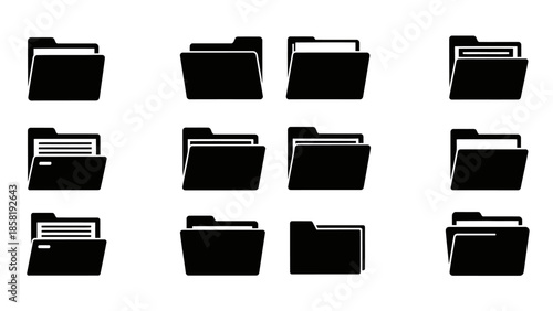 Black file folders with papers.