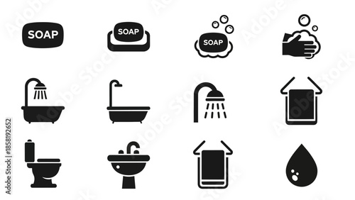 Black icons of bathroom and hygiene.