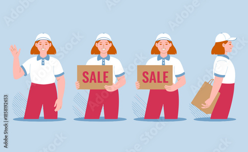 A cheerful retail salesperson is illustrated showcasing a sale and promoting special offers, emphasizing the importance of salesmanship in retail environments.