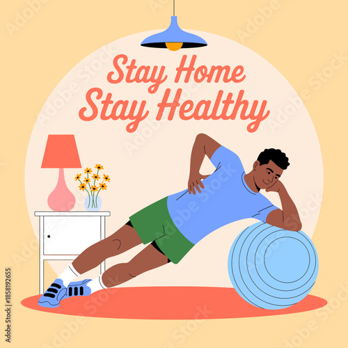 A man performing a side plank exercise at home, engaging in a healthy lifestyle, and emphasizing the importance of staying active and healthy while cultivating inner balance.