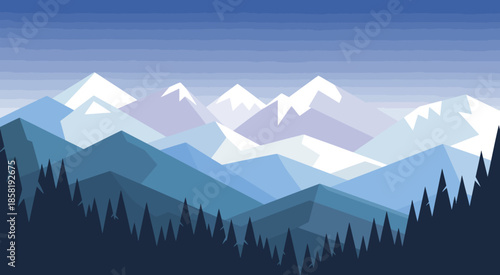 A picturesque view of majestic mountains in various blue shades, illustrating the beauty of nature and evoking feelings of adventure, calm, and exploration.