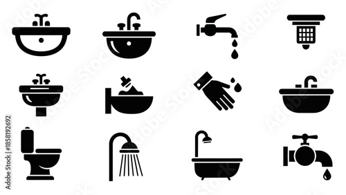 Black icons of bathroom plumbing fixtures.