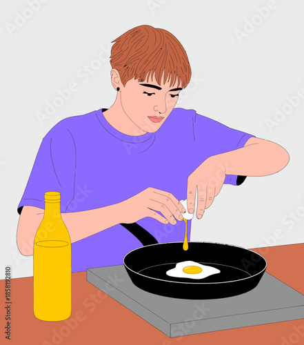 A thoughtfully focused young person cracks an egg into a frying pan, illustrating the joy and artistry of cooking, coupled with the satisfaction of preparing meals at home.