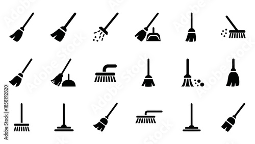 Broom and dustpan cleaning tools icons.