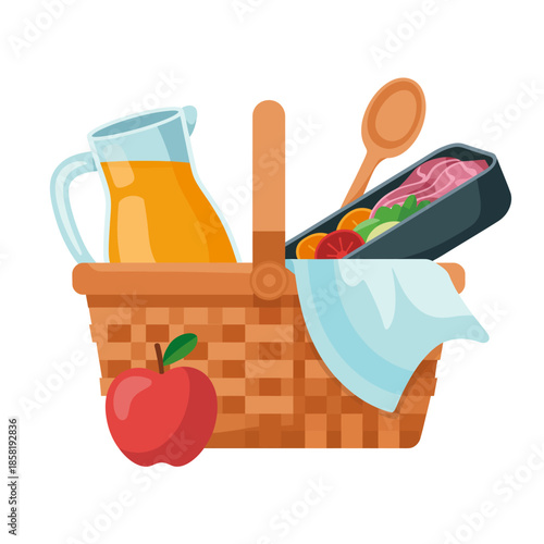 This image showcases a charming picnic basket filled with tasty food, vibrant fruits, and refreshing juice, perfect for outdoor gatherings or casual dining experiences.