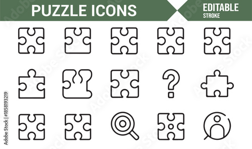 Creative thinking and puzzle line icon set