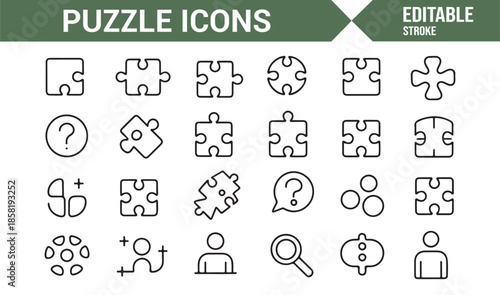 Puzzle pieces and solution symbols line icons