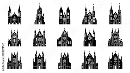 Collection of Gothic church silhouettes.
