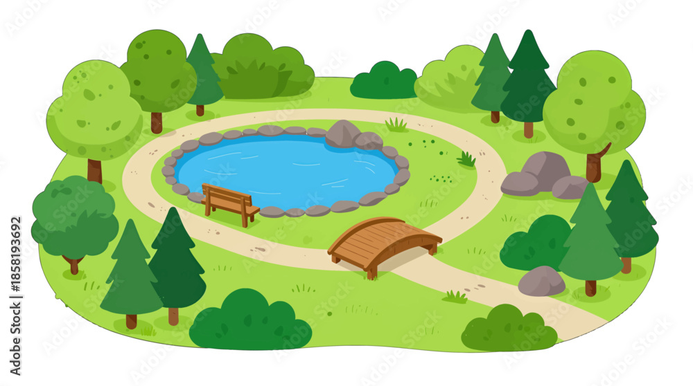 Obraz premium Colorful Park Illustration with Pond and Bridge