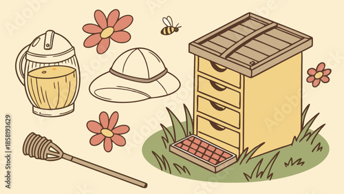 Organic Beekeeping Illustration Set Beehive Honey Jar Dipper Hat and Flowers Natural Apiculture Farming Vector Doodle
