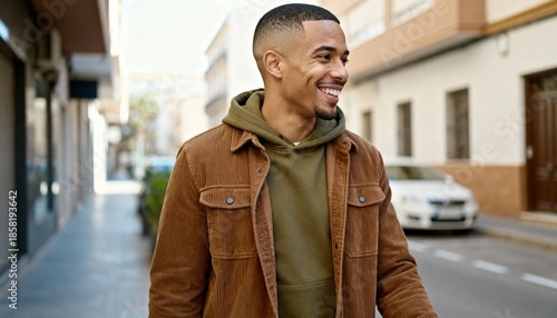 Happy young man walking down a city street. Smiling mixed race male wearing a brown corduroy jacket and green hoodie. Urban autumn fashion lifestyle