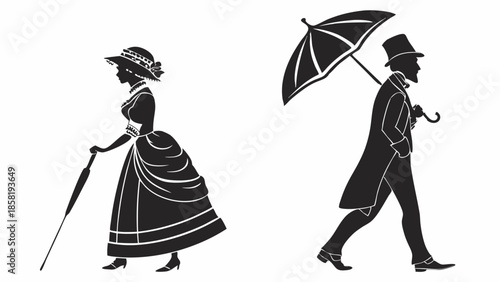 Elegant Victorian Gentleman and Lady Silhouettes Walking Historical 19th Century Fashion Vector Illustration